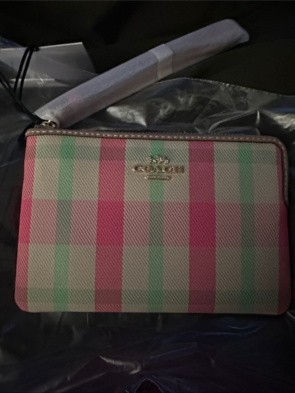 Coach Pink & Mint Plaid Zip Wristlet